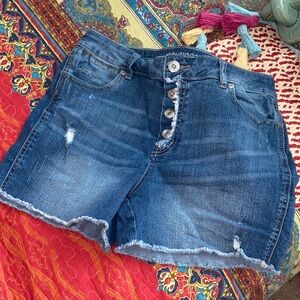 FRAYED JEAN SHORTS Maurices Button Fly Distressed Size 9/10 High Rise